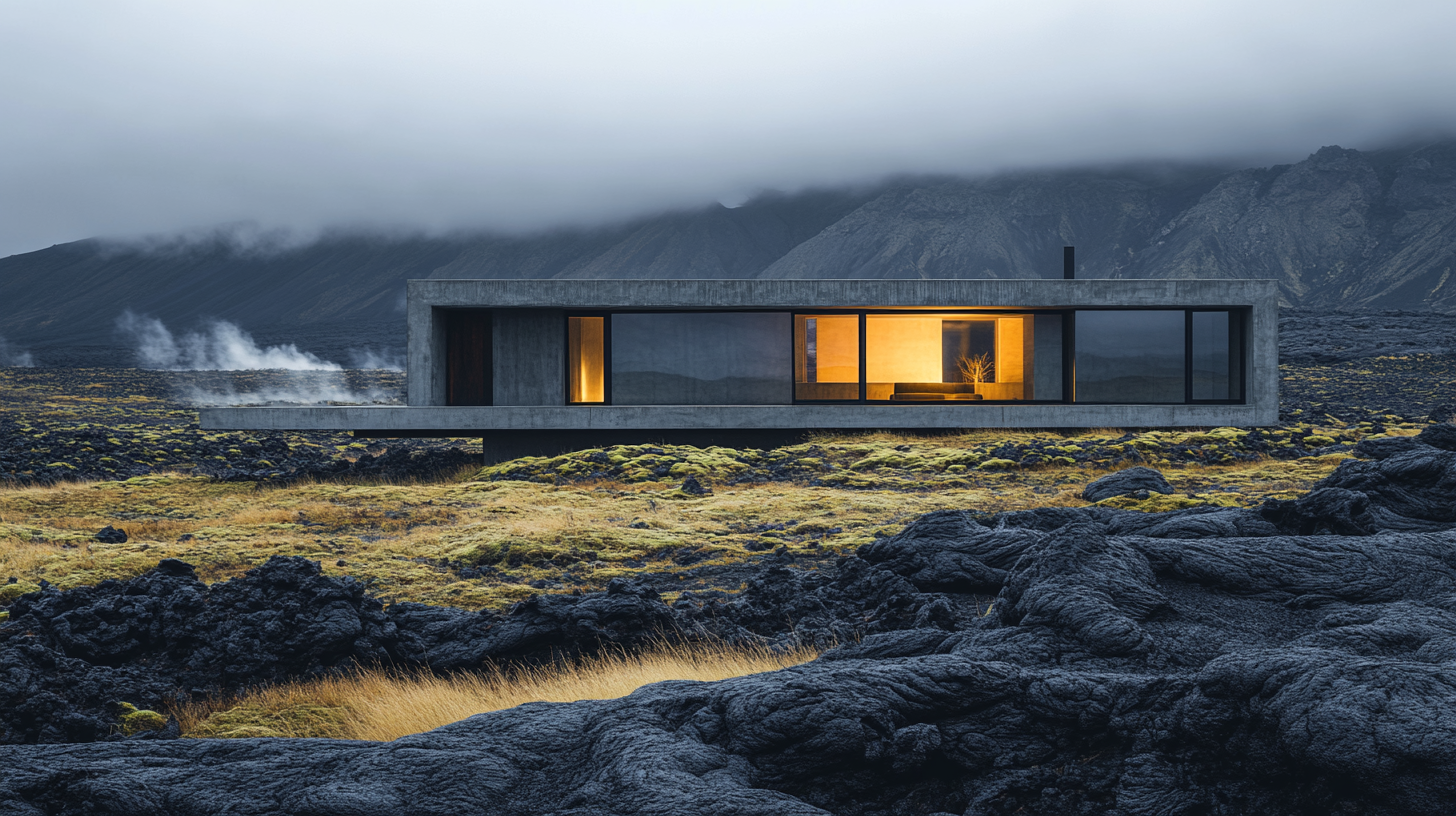 Basalt House — a low-profile concrete structure on a volcanic ridge